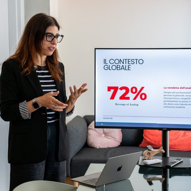 Presentazione di consulenza di comunicazione sostenibile davanti allo schermo con la slide Il contesto globale