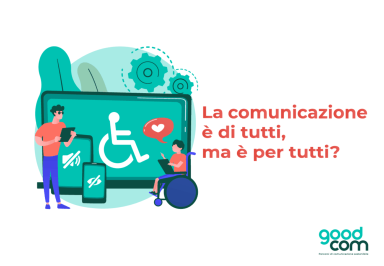 Illustrazione sulla comunicazione accessibile con persone e dispositivi digitali, tra cui una persona in sedia a rotelle