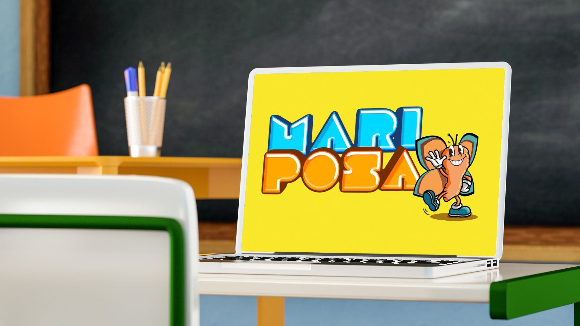 Portatile su un banco di scuola con Mariposa, video educativi sulle bioplastiche
