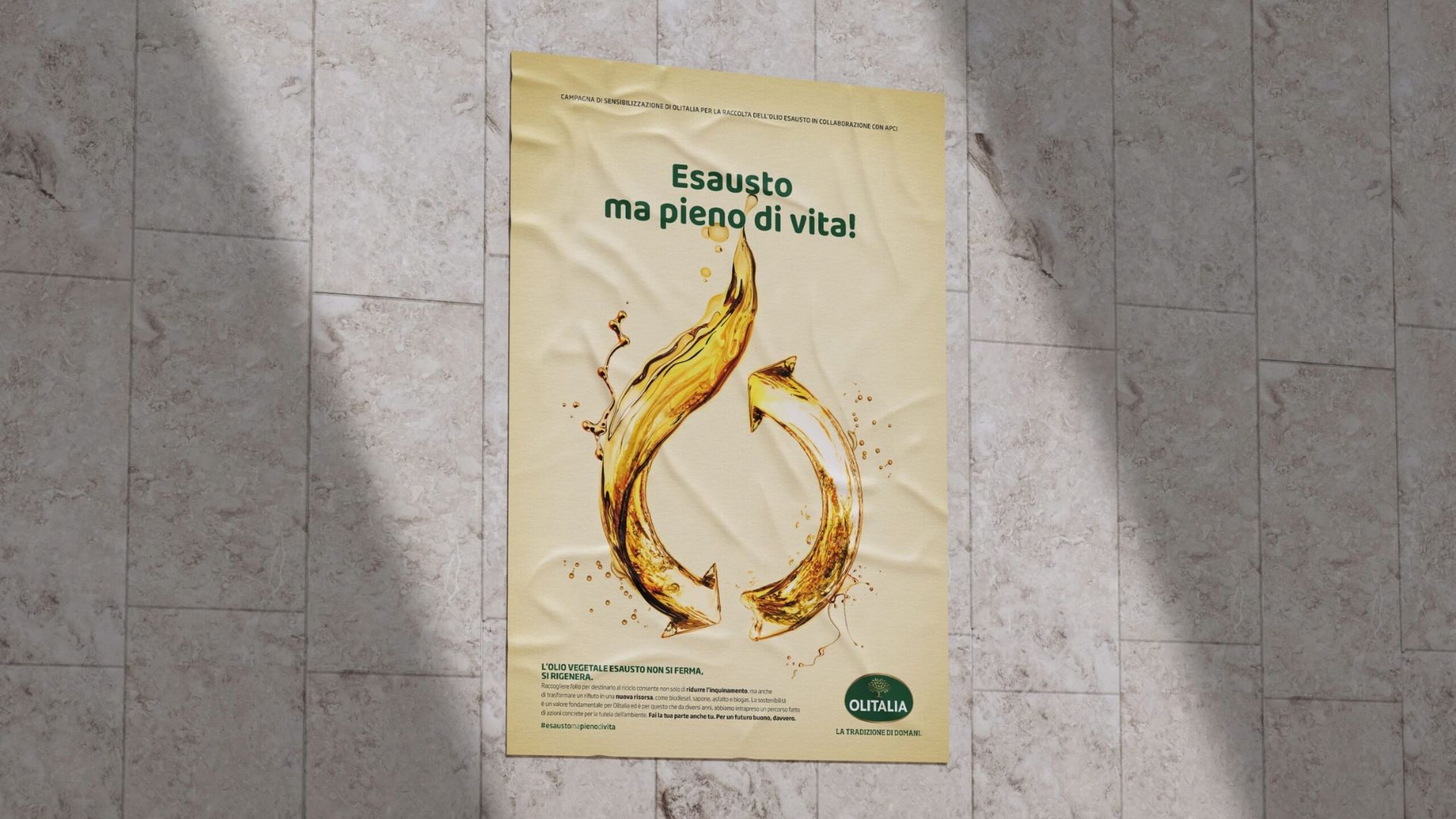 Manifesto Esausto ma pieno di vita, campagna di comunicazione sostenibile per Olitalia