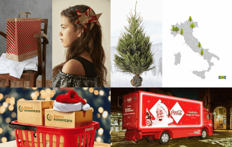 Collage per un Natale sostenibile con regali, un albero in vaso e una cassetta del Banco Alimentare