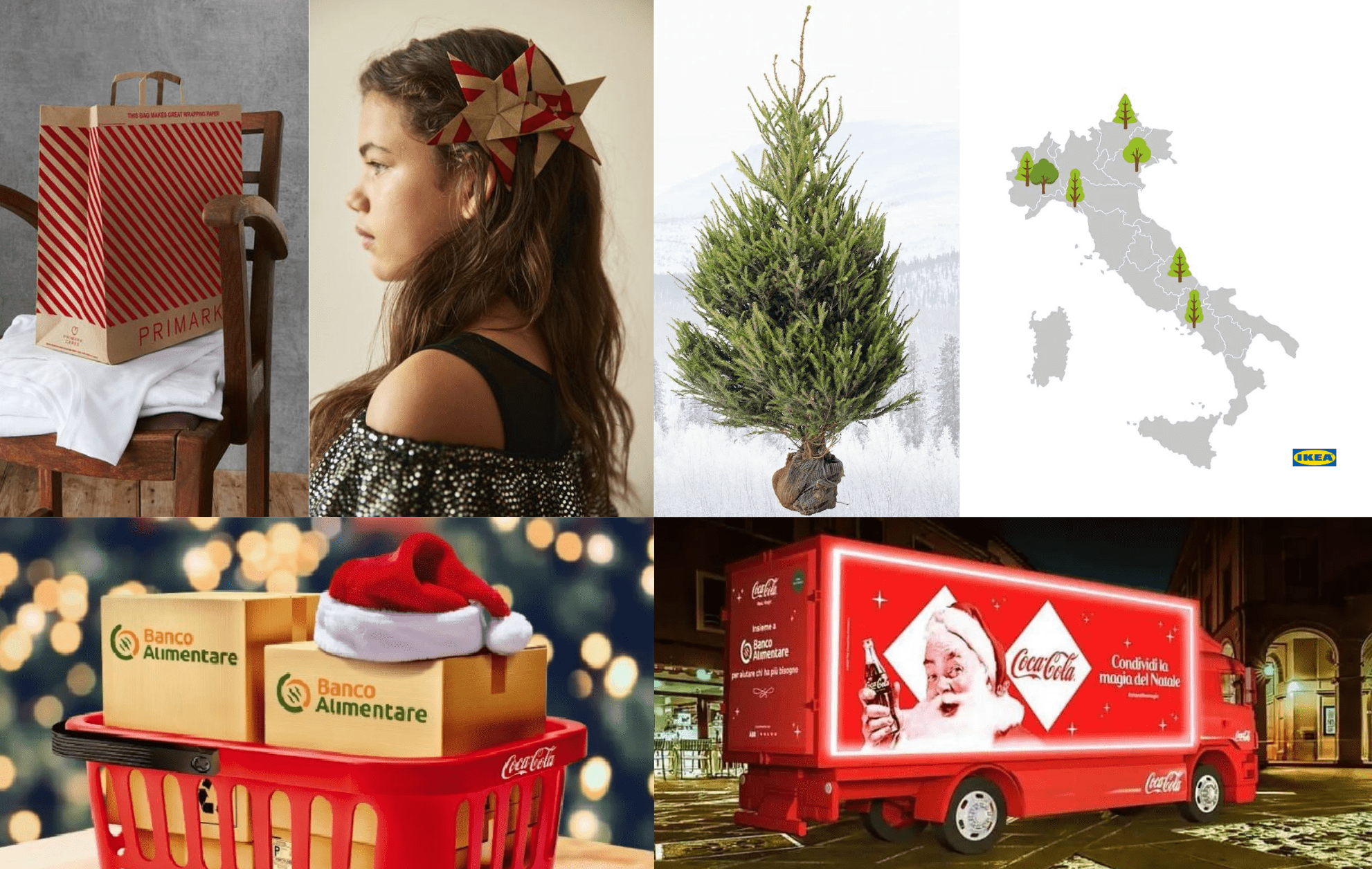 Collage per un Natale sostenibile con regali, un albero in vaso e una cassetta del Banco Alimentare