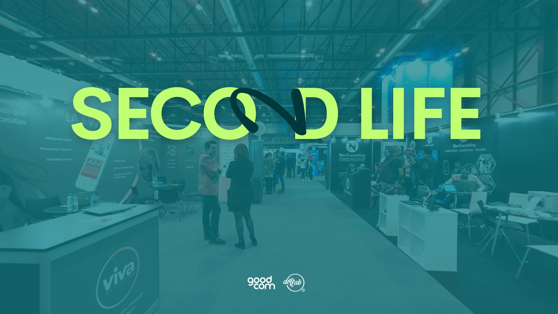 Stand fieristico con la scritta Second Life, progetto per riusare gli allestimenti fieristici