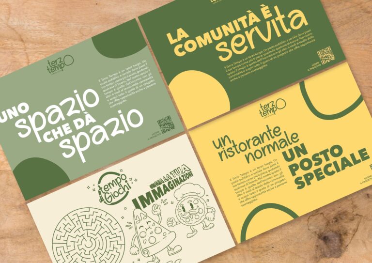 Tovagliette del ristorante Terzo Tempo con la nuova identità visiva del rebranding e un gioco per bambini