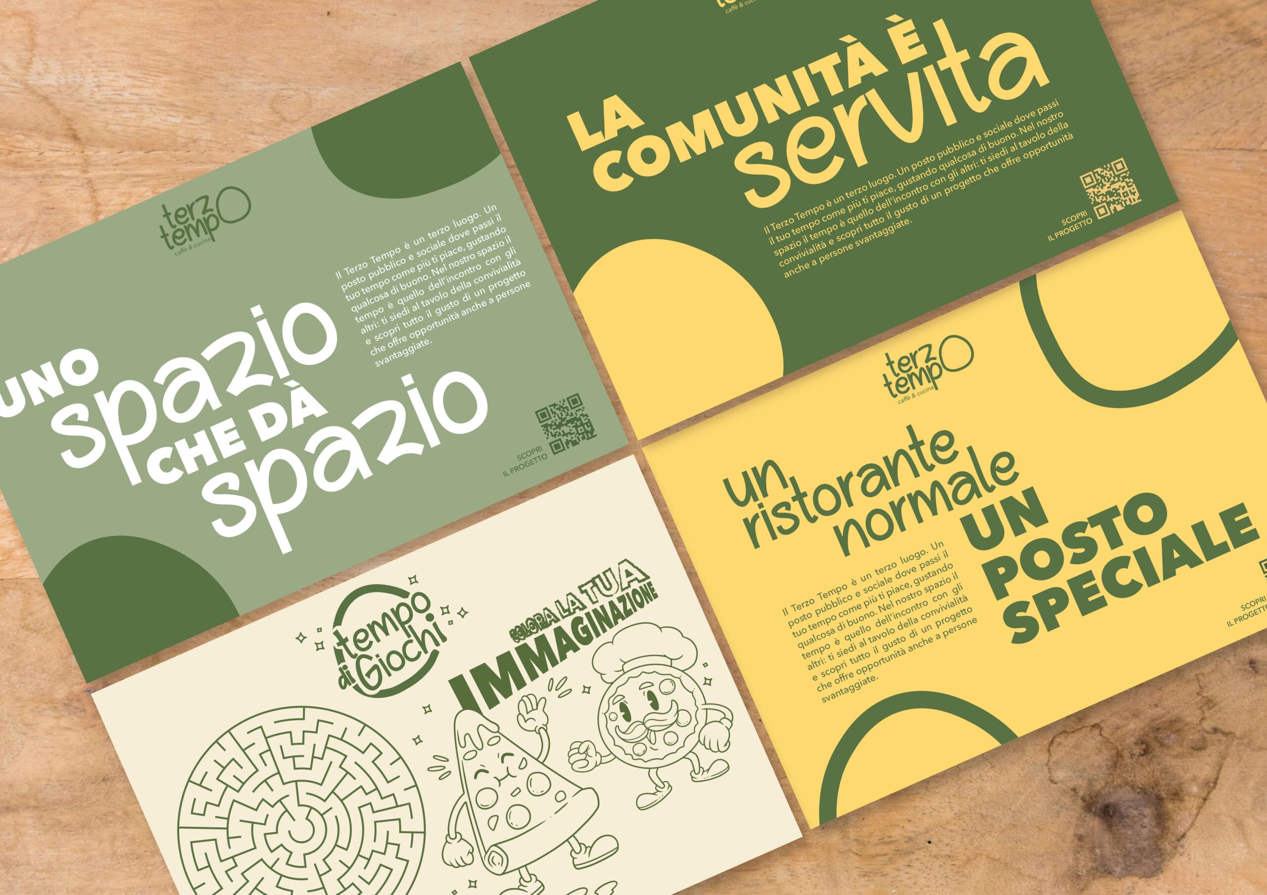 Tovagliette del ristorante Terzo Tempo con la nuova identità visiva del rebranding e un gioco per bambini