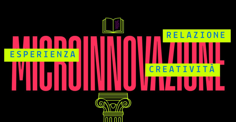 Grafica con la parola Microinnovazione in rosso e le parole esperienza, relazione e creatività su fondo nero