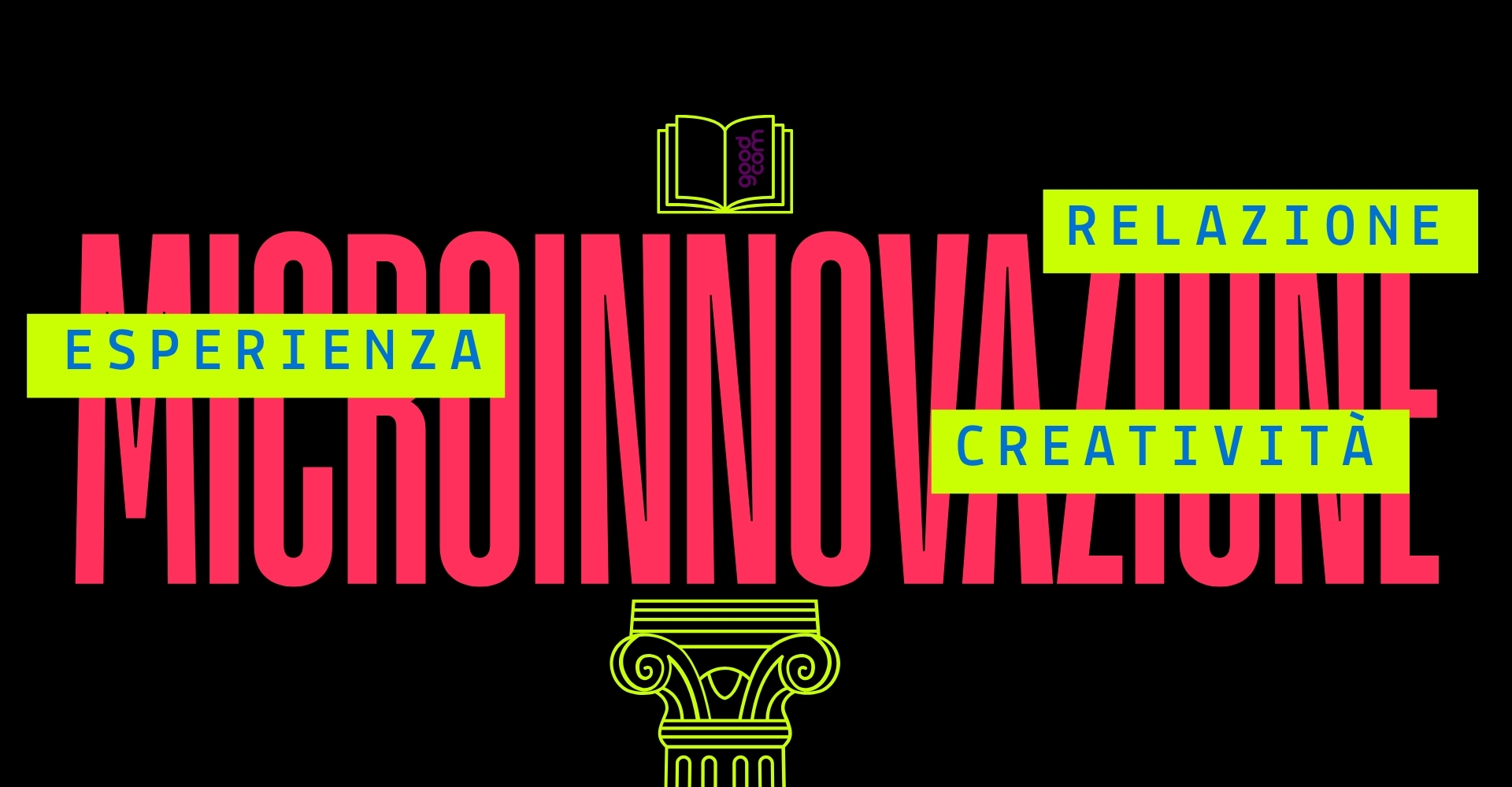 Grafica con la parola Microinnovazione in rosso e le parole esperienza, relazione e creatività su fondo nero