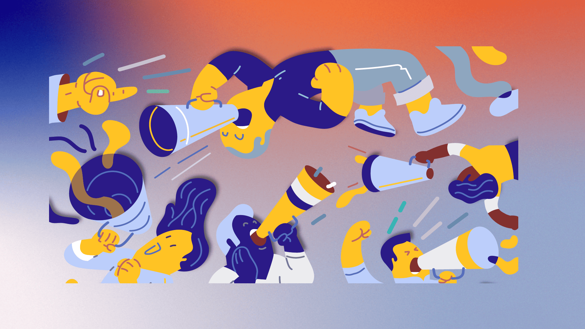 Illustrazione di persone con megafoni e documenti per Volume, servizio sul bilancio di sostenibilità