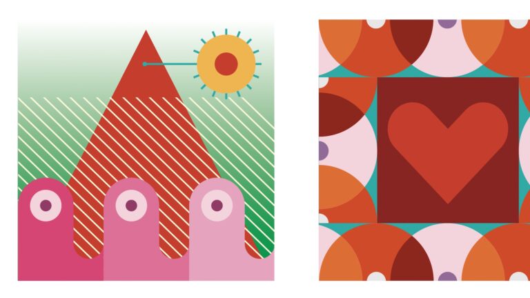 Due illustrazioni geometriche sul welfare aziendale, tre figure davanti a una montagna e un cuore