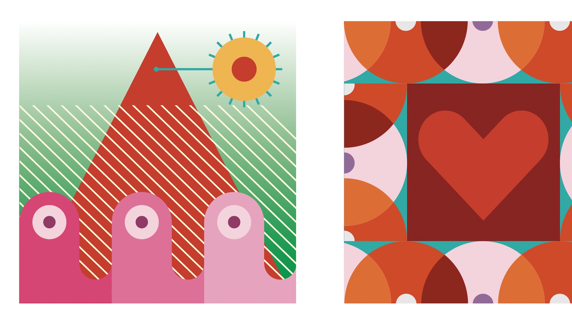 Due illustrazioni geometriche sul welfare aziendale, tre figure davanti a una montagna e un cuore